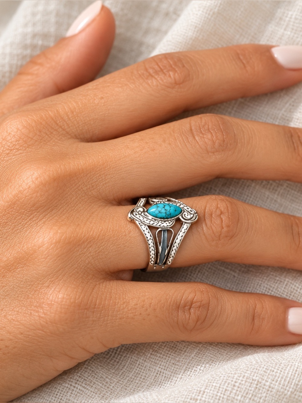 Turquoise Blue Marquise Silver-Tone Statement Clear Accents Ring (R55)